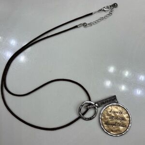 Inspirational Pendant Necklace Phil 4:13 with Brown Cord